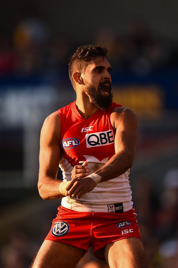AFL 2015 Rd 17 - West Coast v Sydney Lewis Jetta performing a war dance against West Coast in round 17, 2015 - ${keywords}